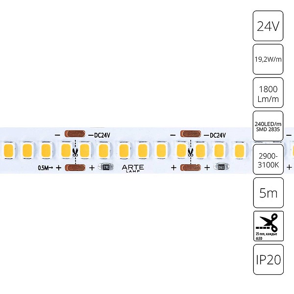 Лента LED 19,2 W/m 24V IP20 2835/240 3000K 10mm (5м) A2424010-01-3K ARTE LAMP