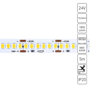 Лента LED 19,2 W/m 24V IP20 2835/240 4000K 10mm (5м) A2424010-02-4K ARTE LAMP
