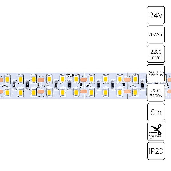 Лента LED 20 W/m 24V IP20 2835/240 3000K 15mm (5м) A2424015-01-3K ARTE LAMP