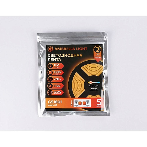 Лента LED 7,2 W/m 12V IP20 2835/30 3000K 10mm (5м) GS1801 AMBRELLA LIGHT
