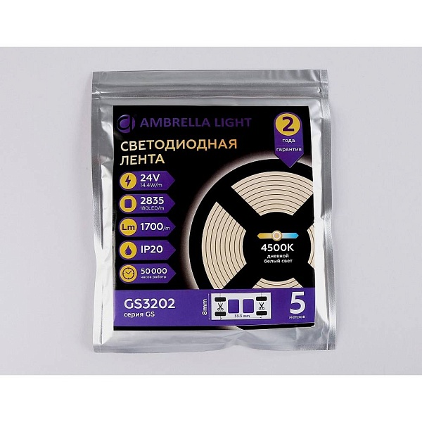 Лента LED 14,4 W/m 24V IP20 2835/180 4500K 8mm (5м) GS3202 AMBRELLA LIGHT