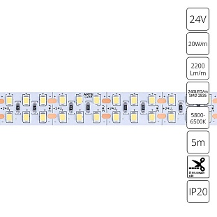Лента LED 20 W/m 24V IP20 2835/240 6000K 15mm (5м) A2424015-03-6K ARTE LAMP