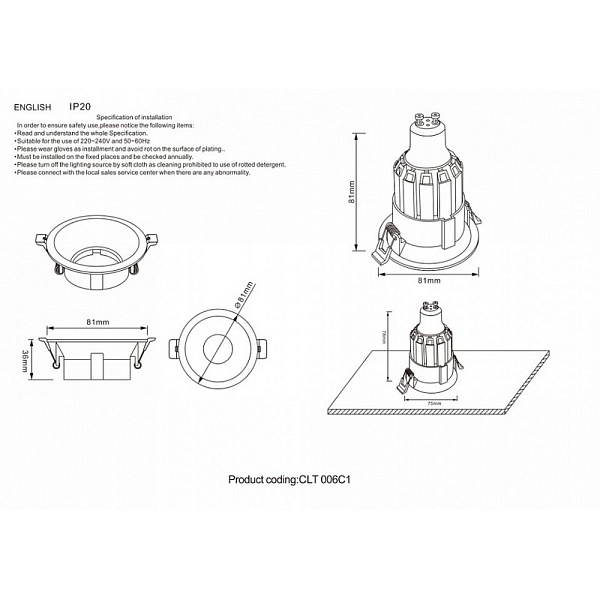 Светильник встраиваемый CRYSTAL LUX CLT 006C1 BL