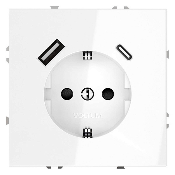 Розетка с з/к + 2xUSB, A + C, S70, Белый глянцевый, VLS040501, VOLTUM