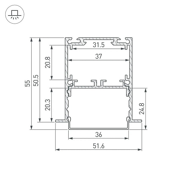 Профиль для ленты LED врезной SL-LINIA 50,5x51,6мм без рассеивателя (2м) 44682 ARLIGHT