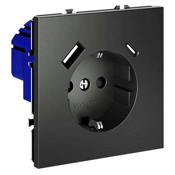Розетка с з/к + 2xUSB, A + C, S70, Титан, VLS040506, VOLTUM