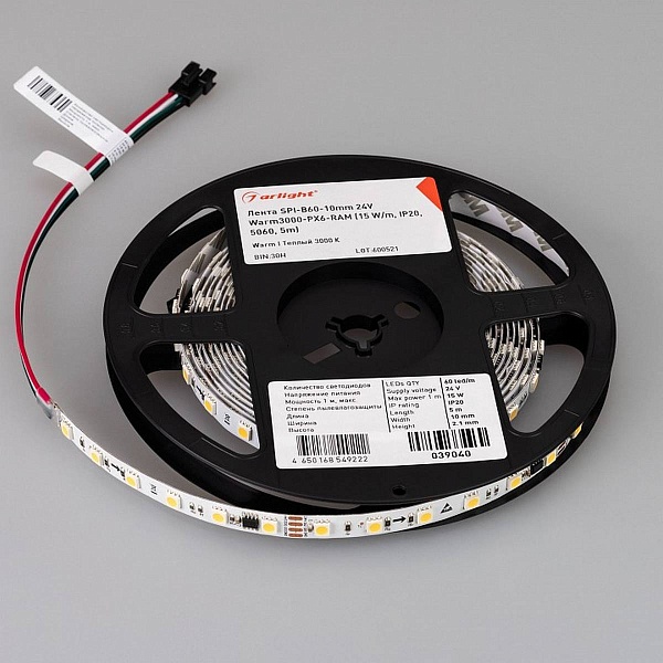 Лента LED SPI-B60 15 W/m 24V IP20 5060/60 3000K 10mm (5м) 39040 ARLIGHT