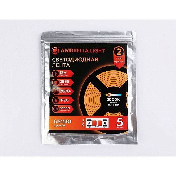 Лента LED 19,2 W/m 12V IP20 2835/240 3000K 10mm (5м) GS1501 AMBRELLA LIGHT