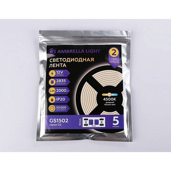 Лента LED 19,2 W/m 12V IP20 2835/240 4500K 10mm (5м) GS1502 AMBRELLA LIGHT