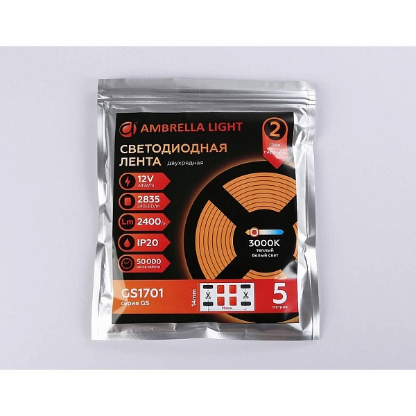 Лента LED 24 W/m 12V IP20 2835/240 3000K 14mm (5м) GS1701 AMBRELLA LIGHT