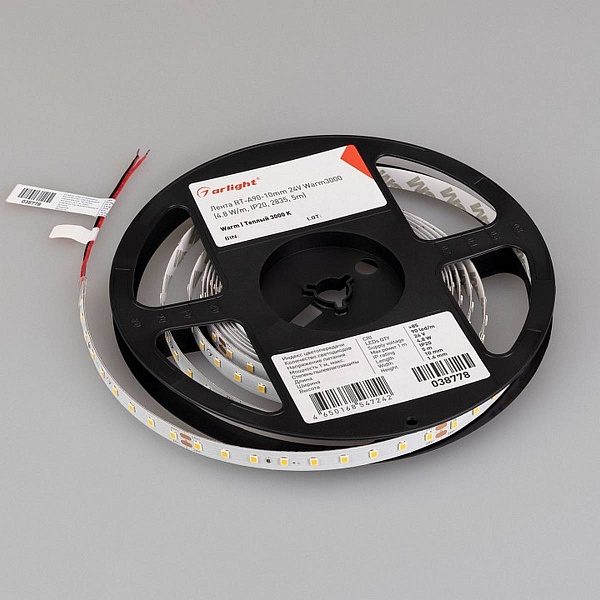 Лента LED RT-A90 4,8 W/m 24V IP20 2835/90 3000K 10mm (5м) 38778 ARLIGHT