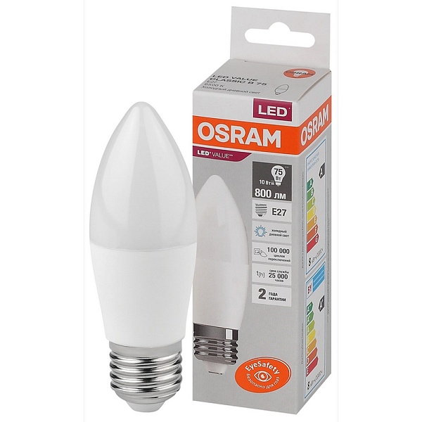 Лампа LED E27  10W/865 220V свеча матовая 800Lm OSRAM