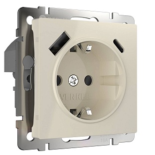 Розетка с з/к + 2xUSB, A + C, слоновая кость , W1171703, WERKEL