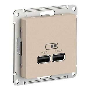 Розетка 2xUSB, A + A, 2,1A + 1,05A, ATLASDESIGN, Песочный, ATN001233, SCHNEIDER ELECTRIC