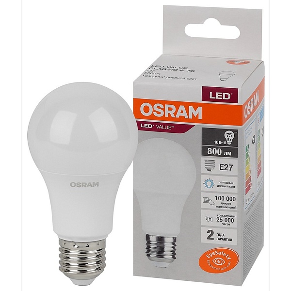 Лампа LED E27  10W/865 220V груша 800Lm OSRAM