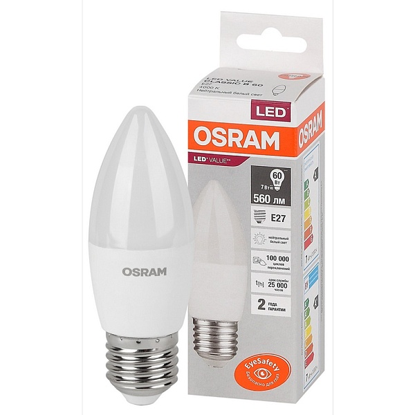 Лампа LED E27  7W/840 220V свеча матовая 560Lm OSRAM