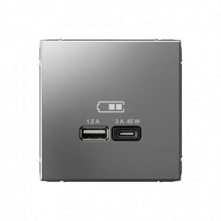Розетка 2xUSB, A + C, 1,5A + 3A, ARTGALLERY, Сталь, GAL000929, SCHNEIDER ELECTRIC