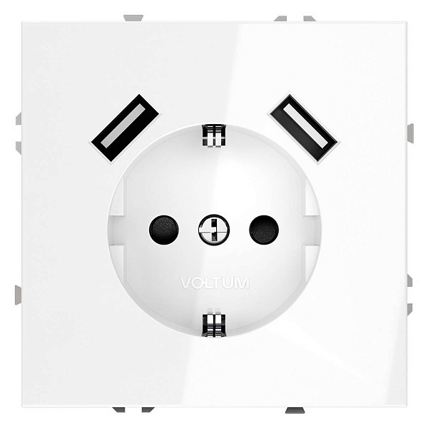 Розетка с з/к + 2xUSB, A + A, S70, Белый глянцевый, VLS040401, VOLTUM
