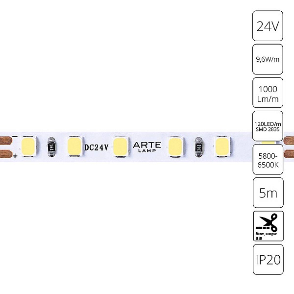 Лента LED 9,6 W/m 24V IP20 2835/120 6000K 5mm (5м) A2412005-03-6K ARTE LAMP