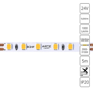 Лента LED 9,6 W/m 24V IP20 2835/120 3000K 5mm (5м) A2412005-01-3K ARTE LAMP