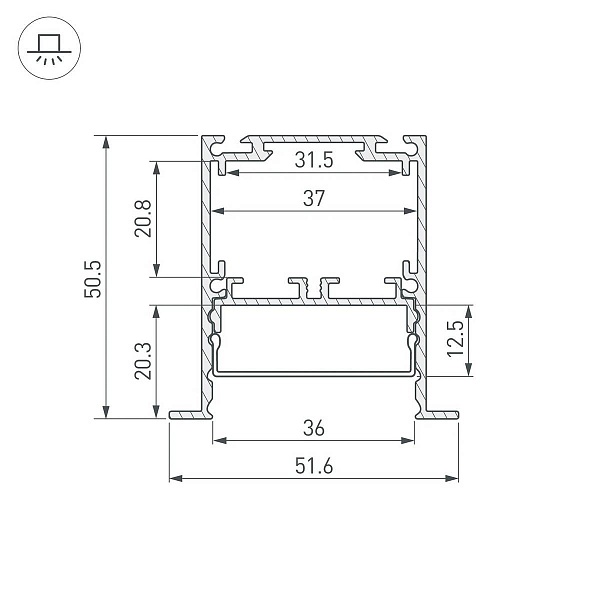 Профиль для ленты LED врезной SL-LINIA 50,5x51,6мм без рассеивателя (2м) 44685 ARLIGHT