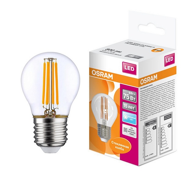 Лампа LED E27  6W/840 220V шар филамент 806Lm OSRAM